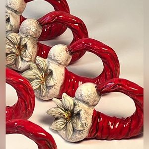 Napkin Rings Christmas Santa Hat White Poinsettia Hand Made Art Deco ￼holidays